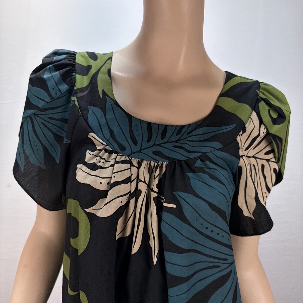 Bishop St Vintage Hawaiian Dress Size L Black Tropical Floral Short Tulip Sleeve - Picture 2 of 9